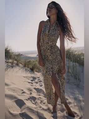 Zara Leopard-Print Halter Maxi Dress in Brown and Black